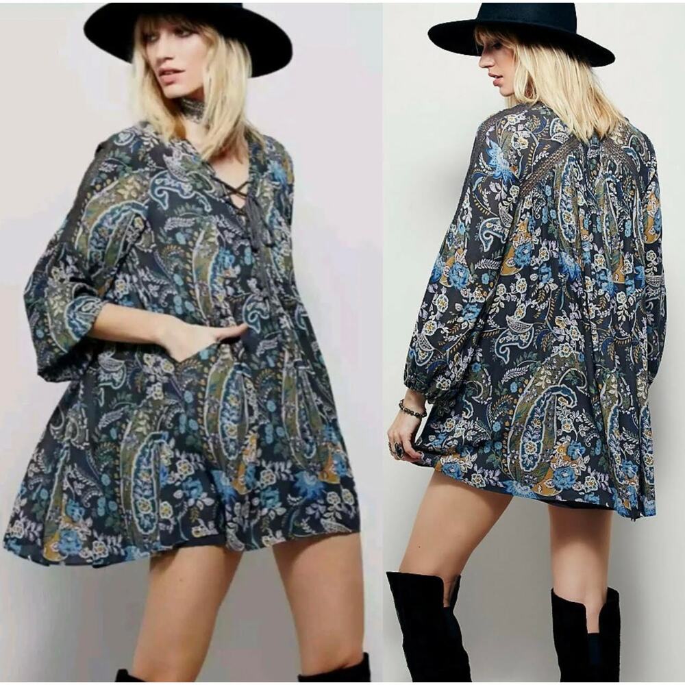 Free People Rain or Shine Paisley Floral Multicolor Tie Up Mini Tunic Dress XS
